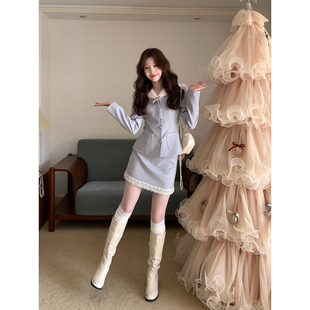 Even一雯【绫山小雪】韩系高智秋冬富家千金风精致高级感蓝色套装