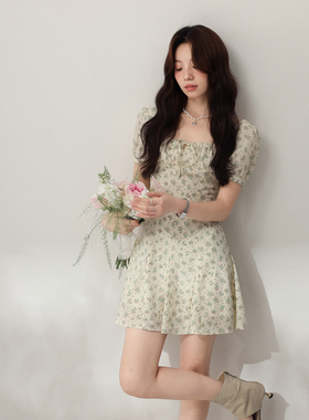 清仓Even一雯【清迈花季】韩系高智感清新甜美系带方领碎花连衣裙