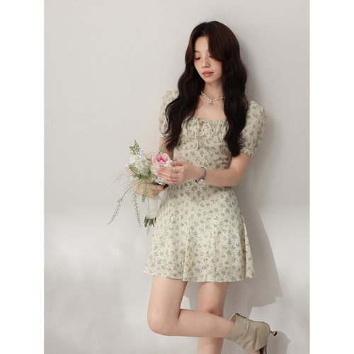 清仓Even一雯【清迈花季】韩系高智感清新甜美系带方领碎花连衣裙