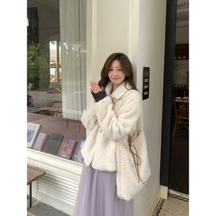 Even一雯 韩系高智感温柔甜美淡粉精致蝴蝶结毛毛外套 绒绒奶霜
