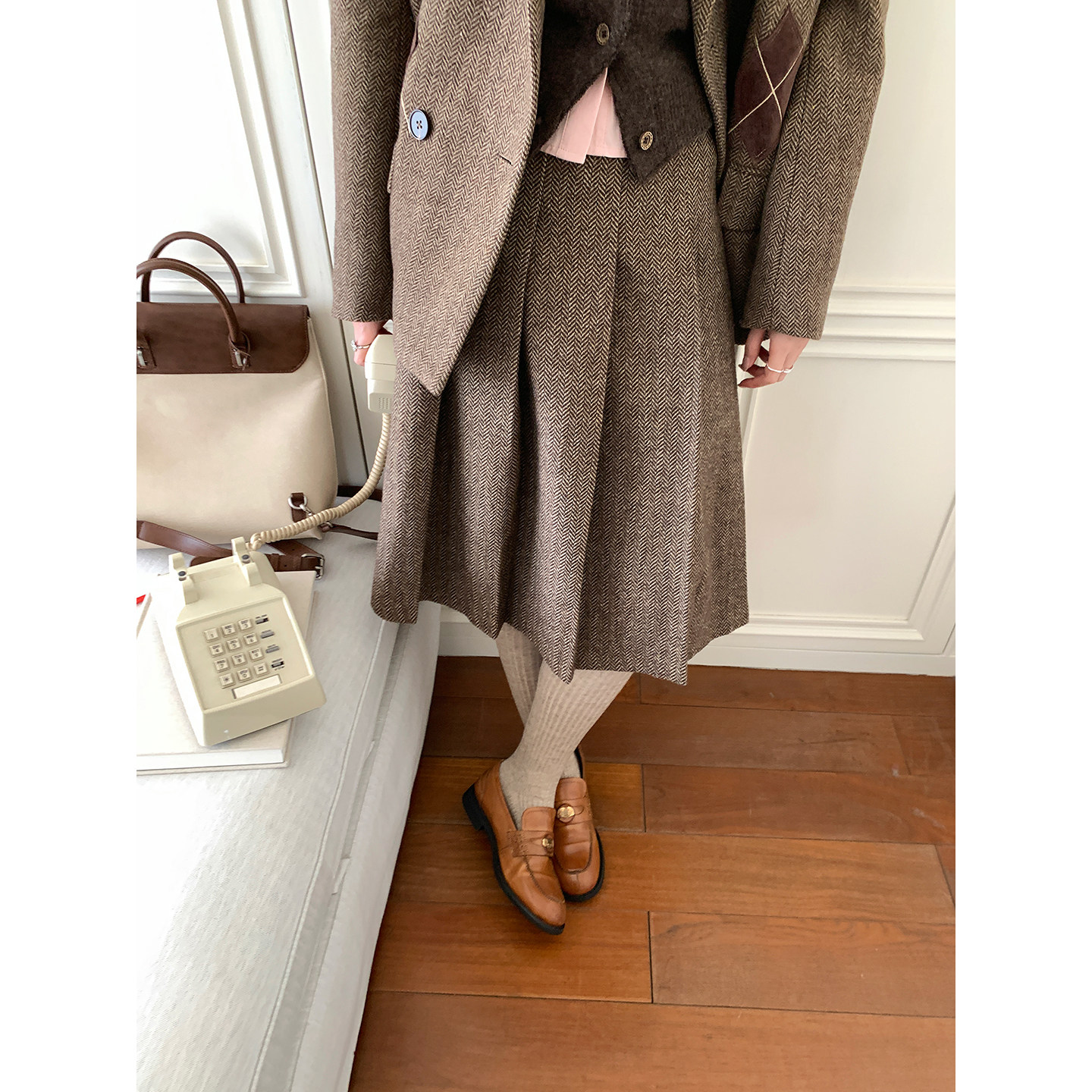 Even一雯【泰晤士河半裙】韩系高智复古英伦风含羊毛人字纹中长裙