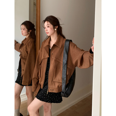 复古宽松翻领棕色麂皮外套