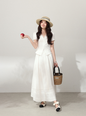 Even一雯【怦然心动】韩系高智感法式刺绣松紧腰白色半身裙有内衬