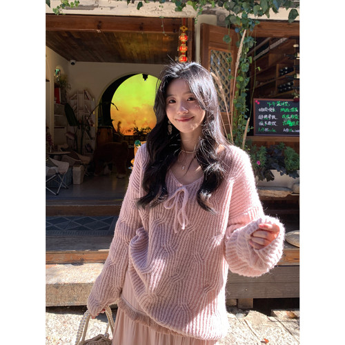 粉色长袖v领温柔慵懒风毛衣气质