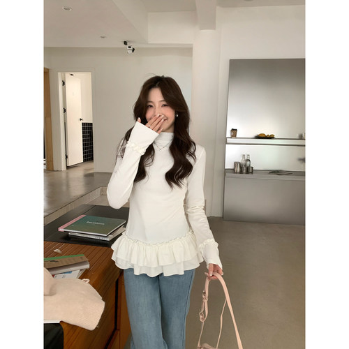 Even一雯【叠穿灵魂】韩系高智芭蕾风花边拼接下摆修身半高领打底