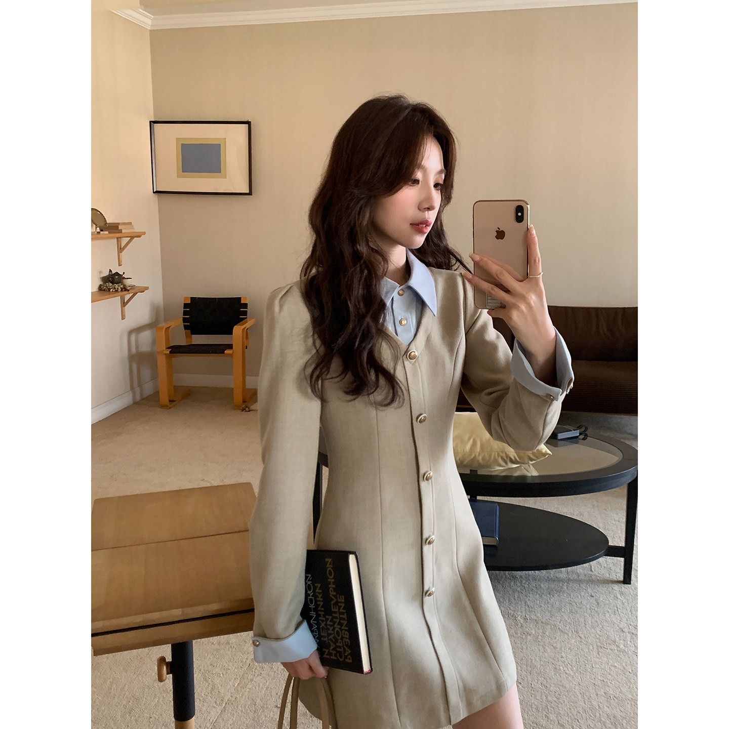 Even一雯【旋转心动】韩系高智秋冬修身收腰撞色拼接假两件连衣裙