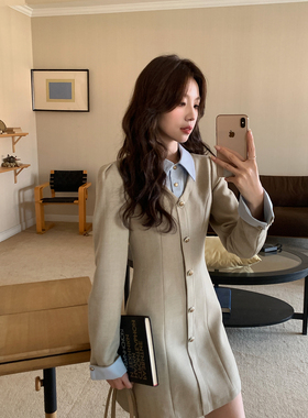 Even一雯【旋转心动】韩系高智秋冬修身收腰撞色拼接假两件连衣裙