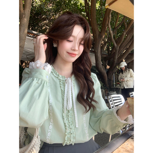 衬衫 韩系高智纯棉气质长袖 蕾丝拼接精致上衣 小夏日和 Even一雯