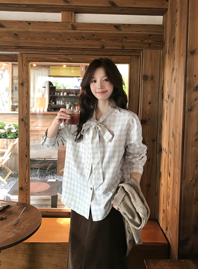 Even一雯【薄雾浅棠】韩系精致百搭通勤绑带蝴蝶结浅紫色格纹衬衫