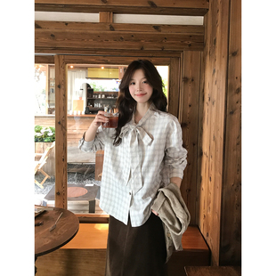 Even一雯【薄雾浅棠】韩系精致百搭通勤绑带蝴蝶结浅紫色格纹衬衫