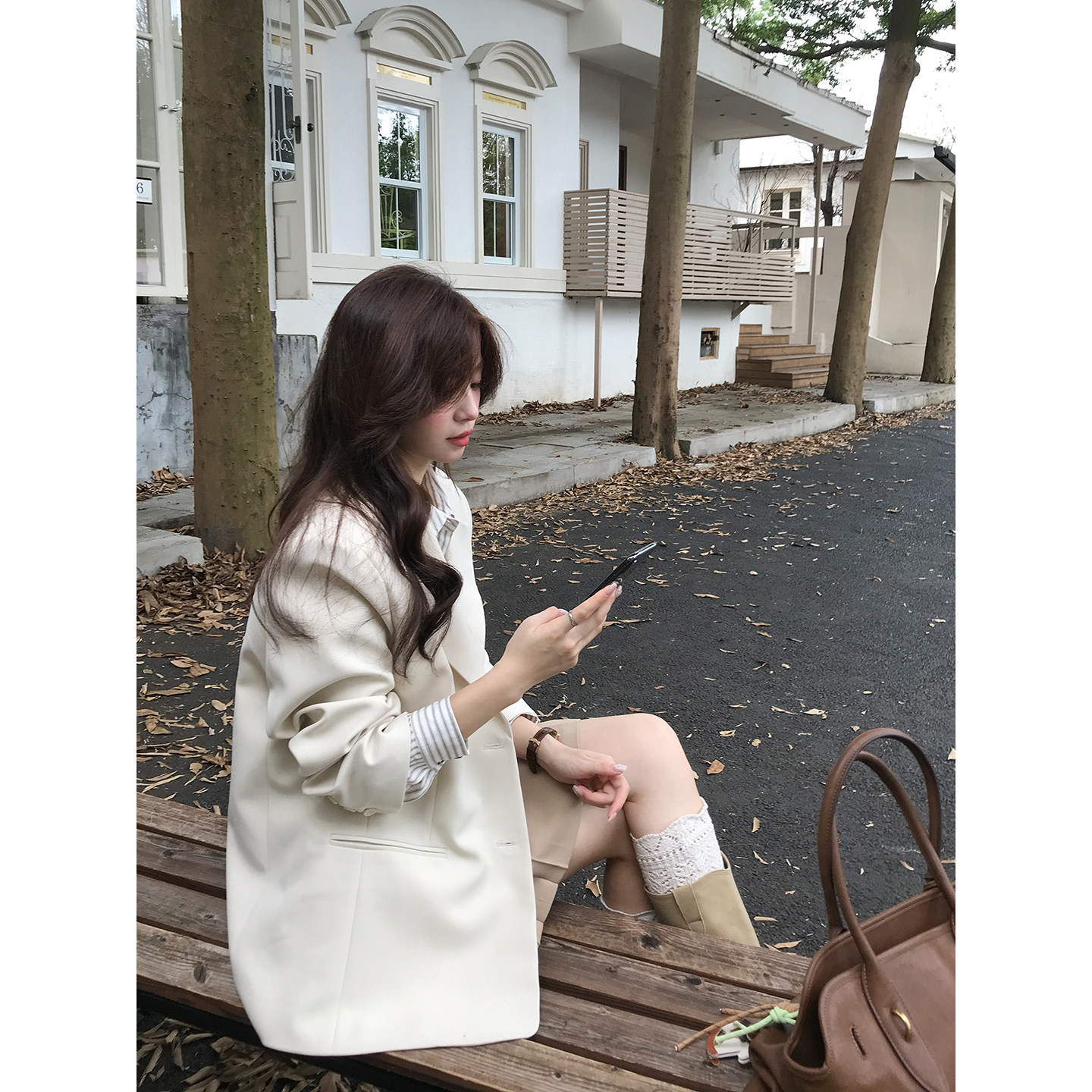 Even一雯【杂志麻豆】韩系高智通勤宽松休闲简约百搭杏色西装外套