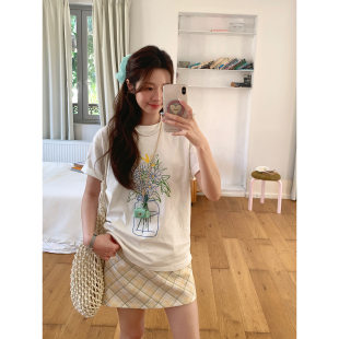 百搭显瘦圆领T恤春 韩系高智纯棉微宽松短袖 Even一雯 蜜糖花圃