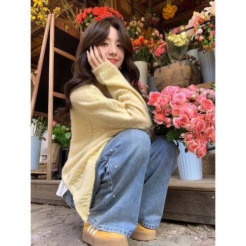 Even一雯【私服偏爱】韩系高智感浅蓝蝴蝶结钉珠显腿长百搭牛仔裤