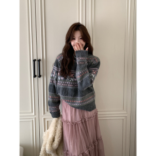 Even一雯 韩系高智感秋冬圆领提花针织费尔岛撞色毛衣 绵云许愿
