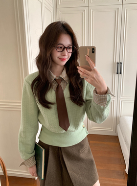 Even一雯【薄荷年糕】韩系高智感秋冬精致薄荷绿格纹撞色拼接上衣