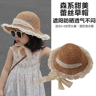ins网红亲子蕾丝花边系带草帽沙滩大帽檐遮阳防晒赫本风手工编织