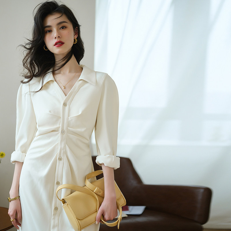 冷淡风女装高级感轻奢名媛白色衬衫连衣裙子小众设计法式复古气质