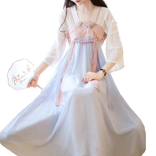 夏季现代改良飘逸女成人汉服初中生平时可穿汉元素通勤桔梗连衣裙