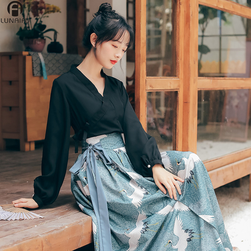 休闲黑色半裙改良汉服女成人马面裙日常雪纺衫长袖两件套装裙春夏