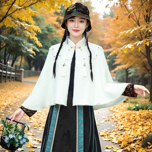 民族风新中式斗篷围巾搭配旗袍外搭披肩开衫秋冬百搭保暖专用外套