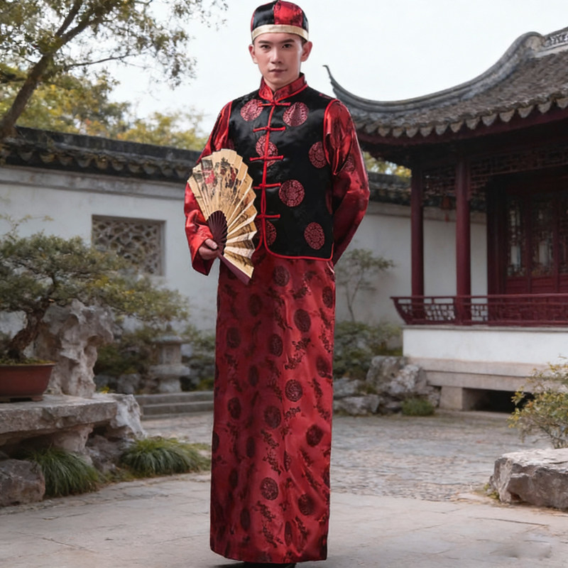 新中式马褂地主服装中式复古唐装男士阿哥结婚伴郎礼服古装演出服