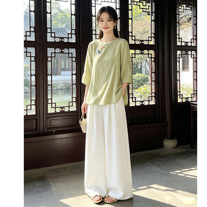 2026女生新中式禅意风套装民国国风女夏减龄日常可穿阔腿裤两件套