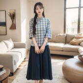 民国时期演出服 学生装 蓝色格子旗袍女小个子微胖新中式 民国风女装