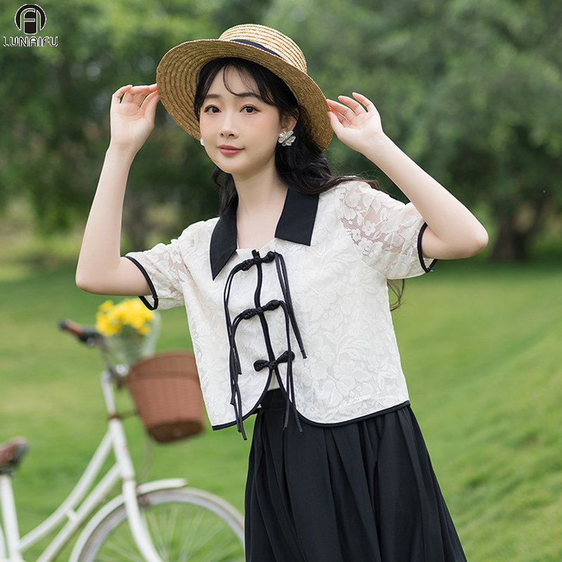 夏季新款韩系短袖娃娃领衬衫百搭蕾丝款上衣女+黑色修身显瘦半裙