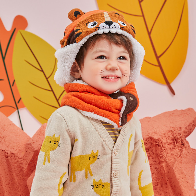 柠檬宝宝儿童帽子冬季男童老虎加厚加绒护耳帽套头帽子围脖两件套,童装/婴儿装/亲子装,帽子,淘宝优惠券,粉丝福利购,淘宝优惠卷
