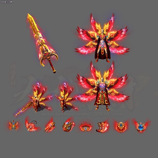 传奇剑甲素材 复古沉默 六翼红杉 男女衣服武器首饰套装 PNG格式