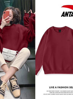 安踏卫衣女款2026秋冬季新款红色简约宽松长袖上衣圆领无帽套头衫