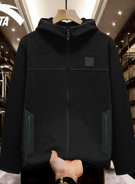 安踏外套男2026冬季新款抓绒保暖开衫上衣黑色宽松火壳连帽卫衣男