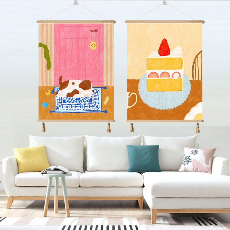 奶油风客厅沙发背景装饰画法式可爱小狗儿童房挂画治愈系背景墙画