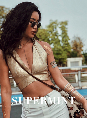 设计师品牌KIKI CHAU-Vienna Goddess 性感挂脖V领金色背心