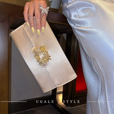 UGALS法式复古高级感水钻钱夹闪亮不灵丝绸缎面手拿斜挎小方包