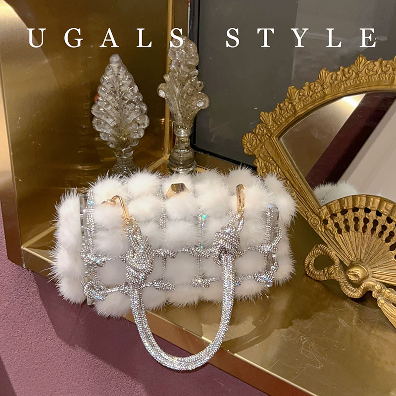 UGALS小方包真兔毛绒腋下斜挎包