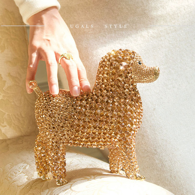 UGALS法式仙女小狗镶钻闪亮不灵动物盒子晚宴钥匙口红手提斜挎包