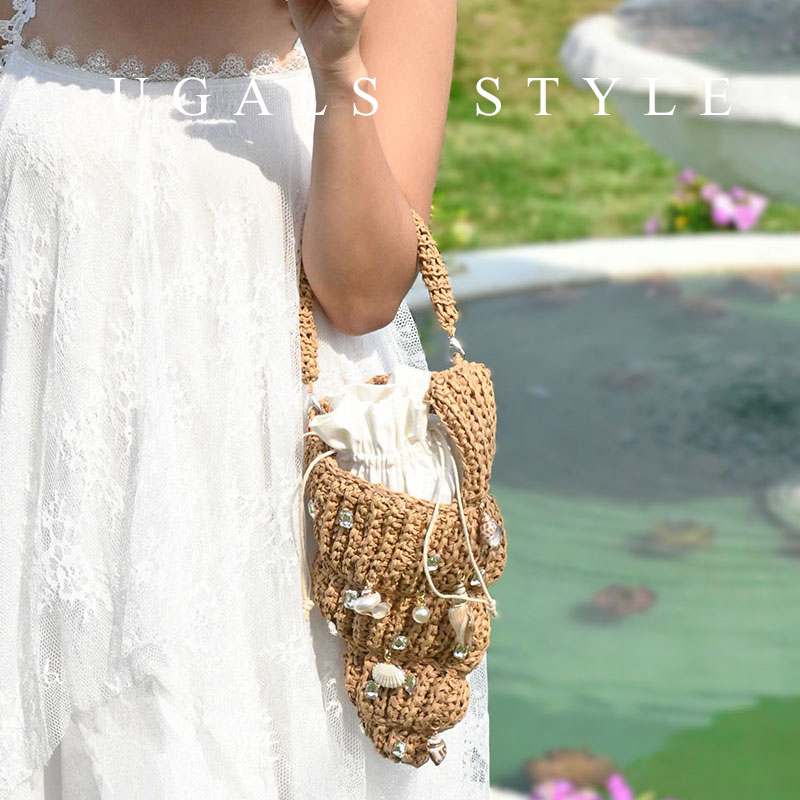 UGALS海边度假手工编织海螺抽绳绑带草编水桶包单肩手提斜挎包包