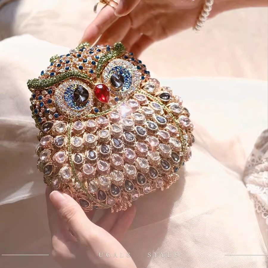 UGALS重工复古小众设计猫头鹰镶钻晚宴高级感水钻石手拿斜挎小包,箱包皮具/热销女包/男包,手拿包,淘宝优惠券,粉丝福利购,淘宝优惠卷