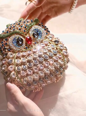 UGALS重工复古小众设计猫头鹰镶钻晚宴高级感水钻石手拿斜挎小包