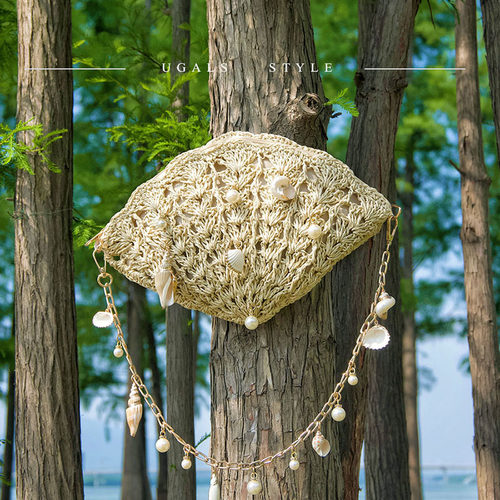 UGALS海边度假草编手工编织贝壳海螺扇子链条宴会百搭手拿斜挎包