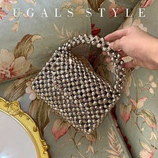 UGALS金属银色手工编织串珠翻盖小方包新中式 宴会珍珠手拿斜挎包