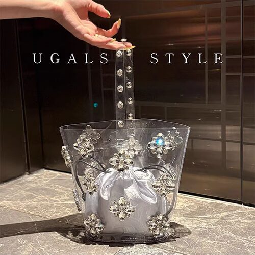 UGALS仙女时尚百搭水钻石透明花朵果冻菜蓝子托特水桶腋下手拿包