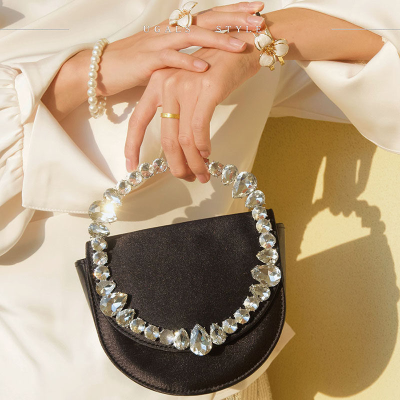 UGALS法式仙女镶钻闪亮不灵丝绸缎面翻盖马鞍缎面晚宴手拿斜挎包
