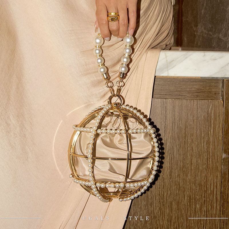 UGALS复古金属球形珍珠缎面鸟笼宴会气质百搭镂空宴会手拿斜挎包