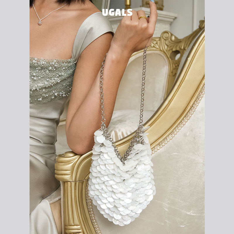 UGALS法式仙女金属链条编织鱼鳞珠片亮片褶皱云朵宴会腋下手拿包