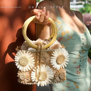 UGALS夏日太阳花复古手工编织海边度假沙滩菜篮子水桶手拿斜挎包