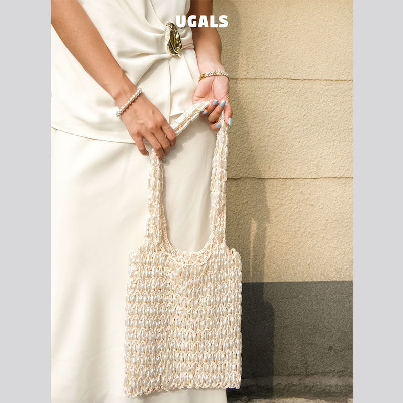 UGALS法式编织石头重工棉线托特仙女水桶镂空沙滩宴会腋下手拿包