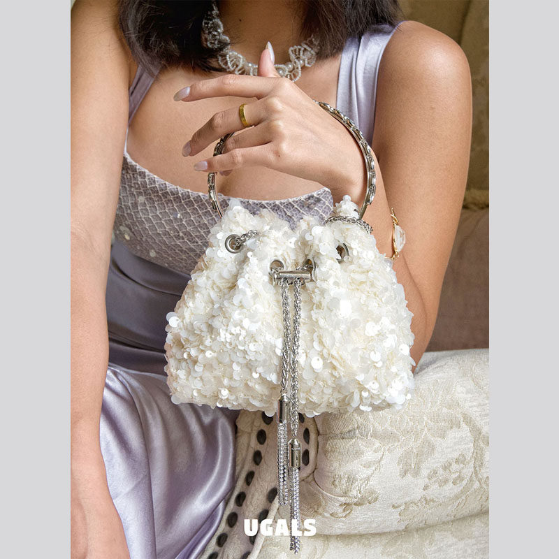 UGALS法式仙女亮片雪花珠片亮片抽绳水桶百搭晚宴链条手拿斜挎包