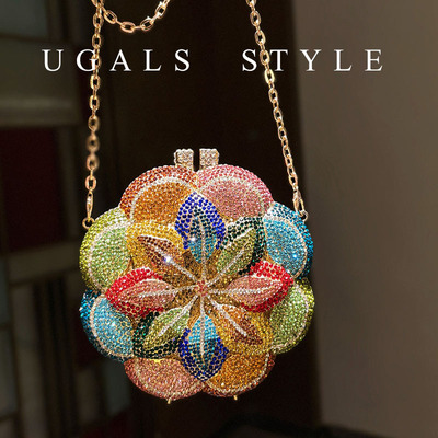 UGALS五彩立体花朵时尚百搭水钻石盒子闪亮不灵宴会手拿斜挎小包